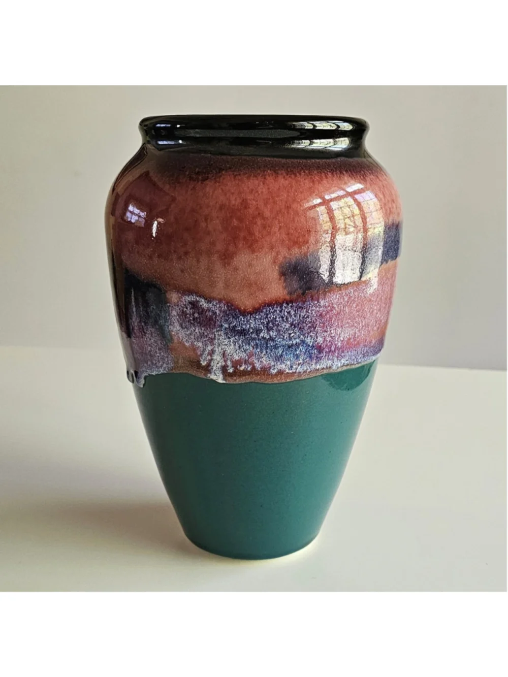 Vintage Studio Pottery Glazed Ceramic Vase - MCM Drip Glaze Teal - Signed 9
